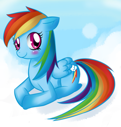 Size: 827x873 | Tagged: safe, artist:mewball, character:rainbow dash, species:pegasus, species:pony, g4, blushing, cloud, cutie mark, female, floppy ears, happy, hooves, lying on a cloud, mare, on a cloud, prone, smiling, solo, wings