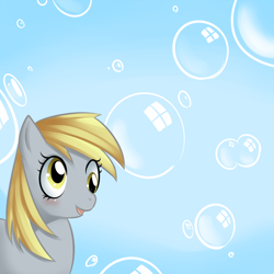 Size: 666x666 | Tagged: safe, artist:mewball, character:derpy hooves, species:pegasus, species:pony, g4, bubble, female, happy, mare, solo