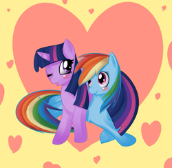 Size: 875x855 | Tagged: safe, artist:mewball, character:rainbow dash, character:twilight sparkle, species:pegasus, species:pony, species:unicorn, ship:twidash, g4, abstract background, blushing, female, happy, heart, lesbian, mare, shipping, wink