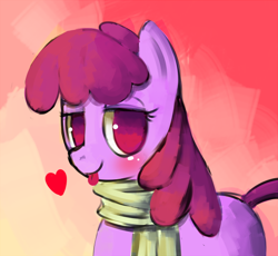 Size: 566x521 | Tagged: safe, artist:mewball, character:berry punch, character:berryshine, species:earth pony, species:pony, g4, blushing, clothing, female, heart, looking at you, mare, no pupils, raspberry, scarf, solo, tongue out