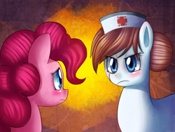 Size: 1000x750 | Tagged: safe, artist:mewball, character:nurse redheart, character:pinkie pie, species:earth pony, species:pony, g4, abstract background, angry, eye contact, female, looking at each other, mare, scene interpretation