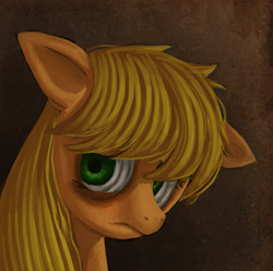 Size: 879x871 | Tagged: safe, artist:mewball, character:applejack, species:earth pony, species:pony, g4, bust, female, floppy ears, mare, photoshop, sad, solo