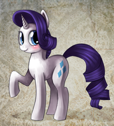 Size: 674x744 | Tagged: safe, artist:mewball, character:rarity, species:pony, species:unicorn, g4, abstract background, blushing, female, mare, raised hoof, smiling, solo