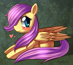 Size: 803x716 | Tagged: safe, artist:mewball, character:fluttershy, species:pegasus, species:pony, g4, abstract background, blushing, female, filly, filly fluttershy, foal, happy, heart, mare, prone, solo, younger