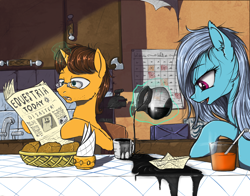 Size: 1200x942 | Tagged: safe, artist:madhotaru, character:doctor horse, character:doctor stable, character:screw loose, species:pony, bed mane, bread, breakfast, coffee, drink, female, glasses, magic, male, mare, morning ponies, mug, newspaper, open mouth, orange juice, paper boat, papercraft, stallion