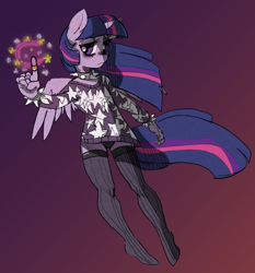 Size: 860x922 | Tagged: safe, artist:allosaurus, artist:mewball, character:twilight sparkle, character:twilight sparkle (alicorn), species:alicorn, species:anthro, species:pony, alone, clothing, female, magic, panties, soft grunge, solo, spiked choker, stockings, underwear, windswept mane