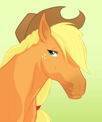Size: 1680x2000 | Tagged: safe, artist:equestria-prevails, character:applejack, species:earth pony, species:pony, g4, clothing, cowboy hat, female, freckles, gradient background, hair over one eye, hat, hoers, lidded eyes, mare, realistic, simple background, smiling, solo, stetson