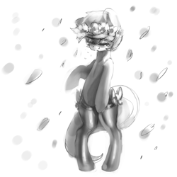 Size: 870x870 | Tagged: safe, artist:mewball, character:lyra heartstrings, species:pony, species:unicorn, bipedal, clothing, crying, female, floral head wreath, flower, flower in hair, garland, grayscale, missing horn, monochrome, solo, stockings, thigh highs
