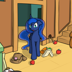 Size: 1000x1000 | Tagged: safe, artist:theparagon, character:princess luna, apple, carrot, colored pupils, female, food, hunted luna, messy, saddle bag, shock, solo