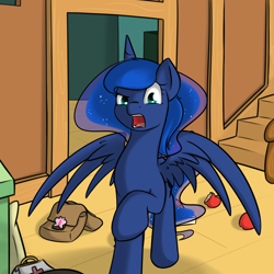 Size: 1000x1000 | Tagged: safe, artist:theparagon, character:princess luna, apple, colored pupils, disgusted, female, food, hunted luna, solo