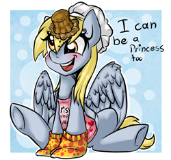 Size: 1600x1500 | Tagged: safe, artist:rainbowscreen, character:derpy hooves, species:pegasus, species:pony, apron, clothing, cute, female, happy, mare, muffin, princess, solo, underhoof