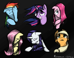 Size: 1280x1003 | Tagged: safe, artist:tetrapony, character:applejack, character:fluttershy, character:pinkie pie, character:rainbow dash, character:rarity, character:twilight sparkle, black background, bust, crying, crying fluttershy, eyes closed, floppy ears, fluttercry, gritted teeth, hair over one eye, mane six, messy mane, open mouth, portrait, sad, simple background, wide eyes, windswept mane