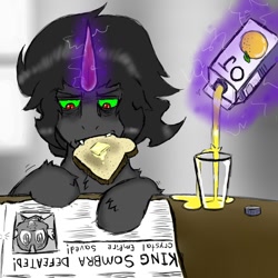 Size: 800x800 | Tagged: safe, artist:ichibangravity, character:king sombra, character:spike, drink, magic, male, morning, morning ponies, newspaper, orange juice, reading, solo