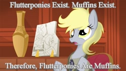 Size: 900x506 | Tagged: safe, artist:equestria-prevails, edit, character:derpy hooves, species:flutter pony, ancient aliens, female, giorgio a. tsoukalos, logic, logical fallacy, meme, solo, text