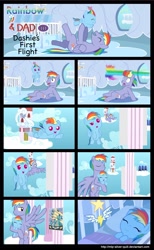 Size: 2000x3253 | Tagged: safe, artist:mlp-silver-quill, character:rainbow blaze, character:rainbow dash, species:pegasus, species:pony, baby, baby dash, baby pony, comic, cute, dashabetes, diaper, flying, foal, poster, sleeping, wonderbolts