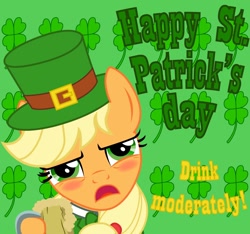 Size: 1126x1054 | Tagged: safe, artist:gutovi, character:applejack, species:earth pony, species:pony, alcohol, beer, clothing, clover, drunk, drunk aj, female, four leaf clover, hat, mare, saint patrick's day, solo