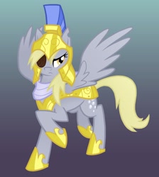 Size: 1700x1900 | Tagged: safe, artist:equestria-prevails, character:derpy hooves, species:pegasus, species:pony, armor, epic derpy, eyepatch, female, general derpy, gradient background, guardsmare, helmet, mare, photoshop, royal guard, royal guard armor, solo, wings