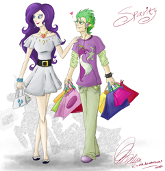 Size: 1600x1660 | Tagged: safe, artist:rinikka, character:rarity, character:spike, ship:sparity, female, fire ruby, humanized, male, shipping, shopping, skinny, straight