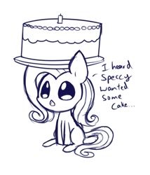 Size: 600x700 | Tagged: safe, artist:solar-slash, character:fluttershy, species:pony, cake, chibi, dialogue, female, food, mare, missing cutie mark, open mouth, sitting, solo, three quarter view