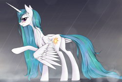 Size: 1500x1000 | Tagged: safe, artist:madhotaru, character:princess celestia, species:alicorn, species:pony, blushing, cute, cutelestia, female, looking at you, looking back, plot, rain, smiling, solo, wet mane