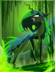 Size: 600x780 | Tagged: dead source, safe, artist:probablyfakeblonde, character:queen chrysalis, species:changeling, changeling queen, crown, fangs, female, horn, jewelry, open mouth, raised hoof, regalia, smiling, solo, wings