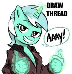 Size: 1028x1064 | Tagged: safe, artist:herny, character:lyra heartstrings, species:pony, species:unicorn, 4chan, clothing, dialogue, female, fonzie, hand, happy days, henry winkler, human behavior, magic, magic hands, simple background, smiling, solo, speech bubble, thumbs up, transparent background