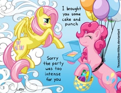 Size: 720x553 | Tagged: safe, artist:texasuberalles, character:fluttershy, character:pinkie pie, species:earth pony, species:pegasus, species:pony, balloon, basket, cake, cloud, cloudy, duo, female, floating, flying, food, mare, picnic basket, then watch her balloons lift her up to the sky