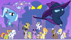 Size: 1183x674 | Tagged: safe, artist:punzil504, character:apple squash, character:aunt orange, character:blossomforth, character:daring do, character:mare do well, character:octavia melody, character:spike, character:trixie, character:twilight sparkle, alternate universe, apple family member, dainty dove, fanfic art, foggy fleece, justah bill, life in manehattan, manehattan, manehattan 6, manehattan verse, nana knits, sweetcream scoops, tall order, tangerine, unnamed pony, ursa minor