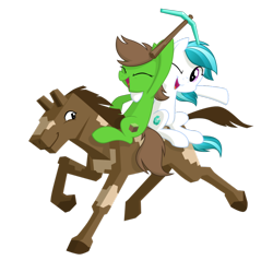 Size: 916x873 | Tagged: safe, artist:equestria-prevails, oc, oc only, oc:brilliance, oc:grass block, species:crystal pony, species:earth pony, species:pony, crystal pony oc, diamond pickaxe, horse, horse-pony interaction, minecraft, pickaxe, ponies riding horses, simple background, transparent background