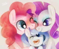 Size: 897x749 | Tagged: safe, artist:dhui, character:pinkie pie, character:rarity, parent:pinkie pie, parent:rarity, parents:raripie, ship:raripie, cute, diapinkes, female, lesbian, magical lesbian spawn, missing horn, offspring, shipping
