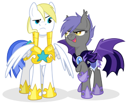 Size: 3800x3100 | Tagged: safe, artist:equestria-prevails, oc, oc only, oc:cloud skipper, oc:midnight blossom, species:bat pony, species:pegasus, species:pony, armor, cloudblossom, cute, duo, female, guardsmare, high res, male, mare, night guard, royal guard, simple background, stallion, transparent background