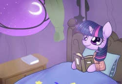 Size: 1000x689 | Tagged: safe, artist:solar-slash, character:twilight sparkle, bed, book, clothing, female, moon, night, reading, smiling, solo, sweater