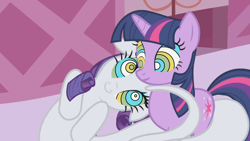 Size: 1280x720 | Tagged: safe, artist:dtkraus, edit, character:rarity, character:twilight sparkle, species:lamia, coils, constriction, eyes, kaa, kaa eyes, lamity, mind control, original species, shoutout, snuggles?, stare, swirly eyes, trance