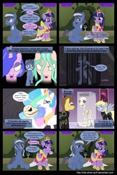 Size: 2000x2978 | Tagged: safe, artist:mlp-silver-quill, character:caramel, character:derpy hooves, character:princess celestia, character:twilight sparkle, character:twilight sparkle (alicorn), oc, oc:clutterstep, species:alicorn, species:pony, comic:a princess' tears, alas poor yorick, canon x oc, comic, crying, cyclops, dead, female, gorgon, hamlet, labyrinth, male, mare, peach dream, skeleton, skull, stallion, top tier, tron