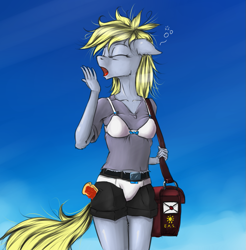Size: 983x1000 | Tagged: safe, artist:madhotaru, character:derpy hooves, species:anthro, bra, clothing, eyes closed, female, floppy ears, fluffy, mailbag, messy mane, open mouth, panties, sleepy, solo, tired, toast, underwear, underwear on the outside, wardrobe misuse