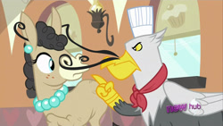 Size: 1920x1080 | Tagged: safe, artist:dtkraus, edit, edited screencap, screencap, character:gustave le grande, species:griffon, episode:mmmystery on the friendship express, g4, my little pony: friendship is magic, gustave le grande, hub logo, moustache, mulia mild, wat