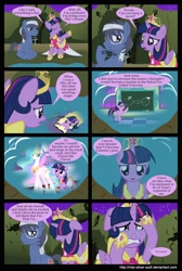 Size: 2000x2978 | Tagged: safe, artist:mlp-silver-quill, character:clover the clever, character:princess celestia, character:twilight sparkle, character:twilight sparkle (alicorn), oc, oc:clutterstep, species:alicorn, species:pony, comic:a princess' tears, canon x oc, comic, crying, despair, female, labyrinth, mare, night, pond, princess celestia's school for gifted unicorns, sad, water