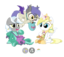 Size: 2800x2500 | Tagged: safe, artist:equestria-prevails, character:princess celestia, oc, oc only, oc:aster, oc:cloud skipper, oc:midnight blossom, species:bat pony, species:dragon, species:pony, candy, clothing, cloudblossom, colt, costume, filly, male, mummy, nightmare night, royal guard, simple background, transparent background