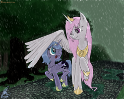 Size: 2500x2000 | Tagged: safe, artist:rinikka, character:princess celestia, character:princess luna, cewestia, covering, filly, pink-mane celestia, rain, s1 luna, wet mane, wing umbrella, woona, young celestia, young luna, younger