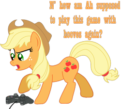 Size: 1024x921 | Tagged: safe, artist:gutovi, character:applejack, female, playstation, simple background, solo, text