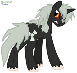 Size: 779x735 | Tagged: safe, artist:faith-wolff, species:pony, species:unicorn, fanfic:the bridge, colored sclera, crooked horn, godzilla, godzilla (series), godzilla junior, kaiju pony, looking over shoulder, male, ponified, red sclera, simple background, solo, stallion, transparent background