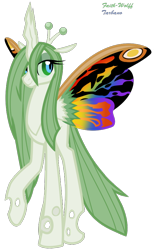 Size: 538x871 | Tagged: safe, artist:faith-wolff, species:changeling, species:mothpony, fanfic:the bridge, butterfly wings, changeling queen, changelingified, colored sclera, colored wings, godzilla (series), kaiju changeling, mothra, mothra lea, multicolored wings, original species, ponified, raised hoof, signature, simple background, smiling, solo, transparent background