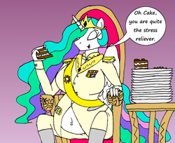 Size: 2536x2072 | Tagged: dead source, safe, artist:americananomaly, character:princess celestia, species:anthro, anthroquestria, belly, belly button, big belly, bloated, breasts, busty princess celestia, cake, cakelestia, chubbylestia, fat, female, solo, stuffed