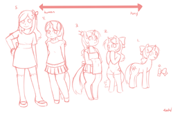 Size: 1280x832 | Tagged: safe, artist:redintravenous, oc, oc only, oc:red ribbon, species:anthro, species:pony, anthro chart, anthro with ponies, apron, bipedal, clothing, freckles, humanized, line-up, ribbon, skirt, socks