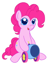 Size: 406x533 | Tagged: safe, artist:snickerlewdles, character:pinkie pie, species:earth pony, species:pony, g4, cute, female, mare, party cannon, simple background, sitting, solo, white background