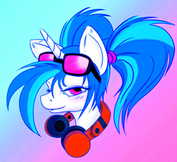 Size: 600x549 | Tagged: safe, artist:snickerlewdles, character:dj pon-3, character:vinyl scratch, species:pony, species:unicorn, g4, alternate hairstyle, bust, female, gradient background, headphones, lidded eyes, mare, portrait, solo, sunglasses