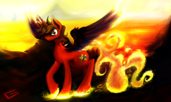 Size: 2640x1581 | Tagged: safe, artist:snickerlewdles, oc, oc only, oc:star hammer, species:alicorn, species:pony, g4, fire, glasses, solo