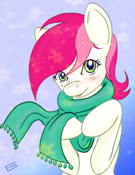Size: 750x967 | Tagged: safe, artist:snickerlewdles, character:roseluck, species:earth pony, species:pony, g4, blushing, clothing, female, looking at you, mare, scarf, solo