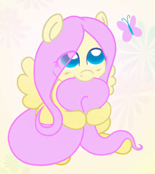Size: 432x485 | Tagged: safe, artist:snickerlewdles, character:fluttershy, species:pegasus, species:pony, g4, abstract background, blushing, butterfly, chibi, cute, eye clipping through hair, female, hug, looking up, nom, shyabetes, sitting, solo, spread wings, tail bite, tail hug, wings