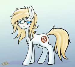 Size: 700x625 | Tagged: safe, artist:snickerlewdles, oc, oc only, oc:bindi, species:earth pony, species:pony, g4, aryan pony, bedroom eyes, blushing, female, gradient background, looking at you, mare, messy mane, smiling, solo